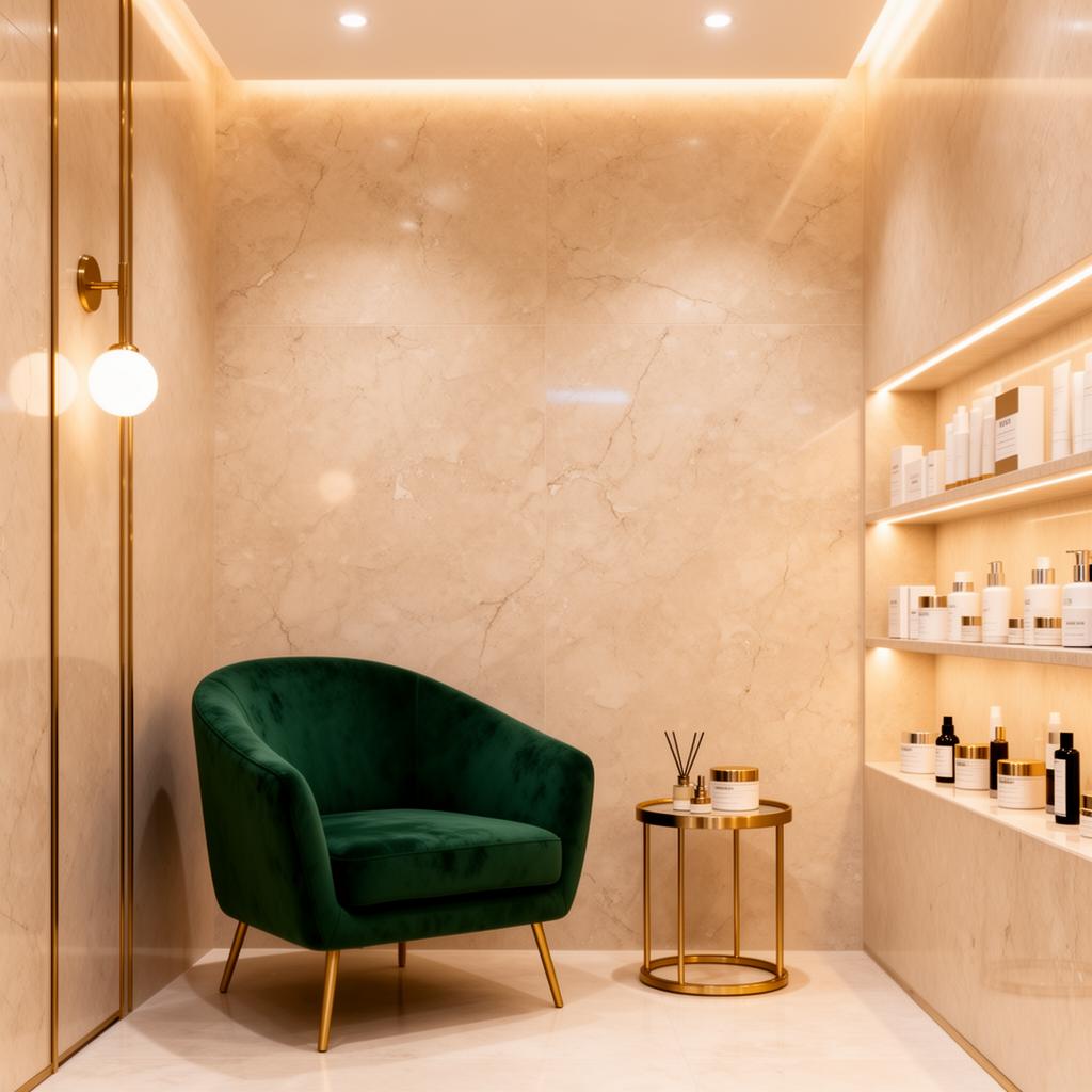 Luxury aesthetic clinic interior with emerald accents